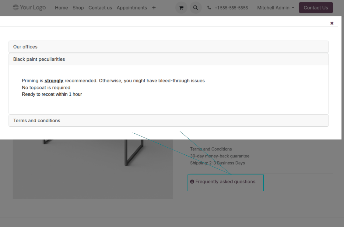 Odoo eCommerce product page showing KnowSystem FAQ articles in a popup accordion for customer self-service