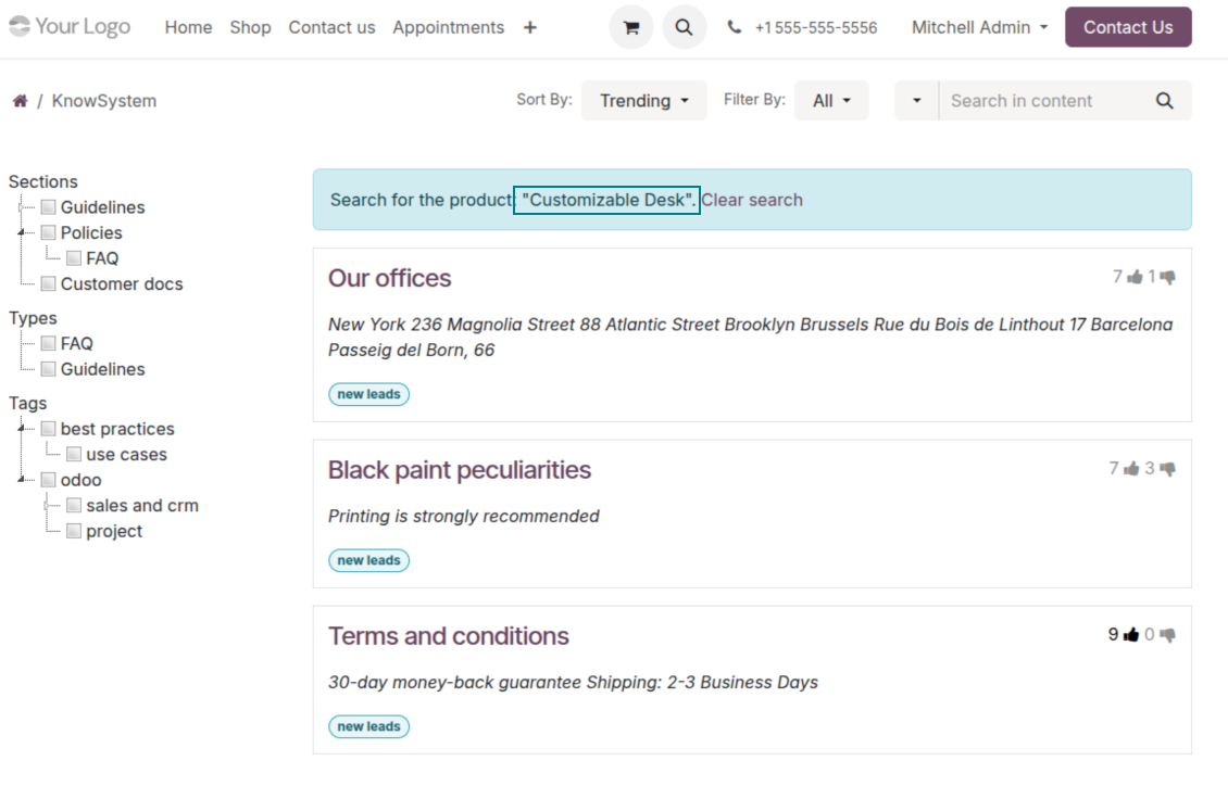 Odoo eCommerce product FAQ opening filtered KnowSystem portal navigation for matching product articles