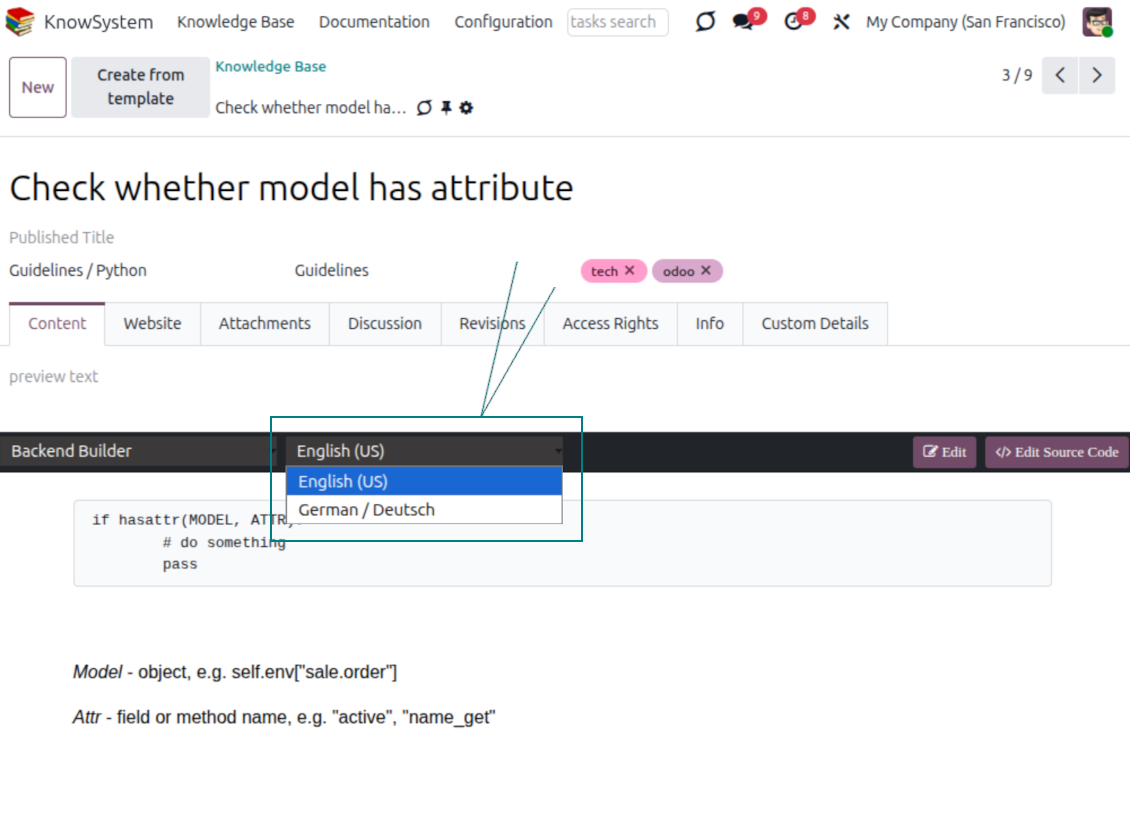 KnowSystem article translation interface for maintaining knowledge content in multiple Odoo languages