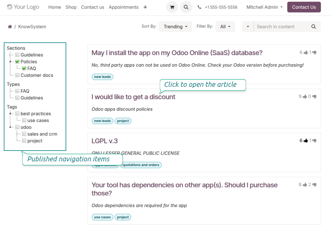 Odoo KnowSystem website portal page with searchable navigation for public and portal knowledge articles