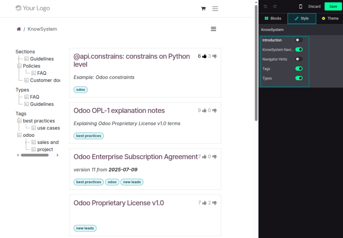 Odoo website settings for customizing KnowSystem portal navigation search sorting and article display