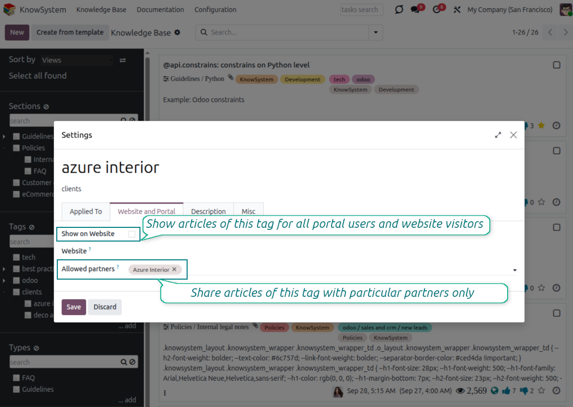 KnowSystem tag configuration showing partner-based access for portal knowledge articles