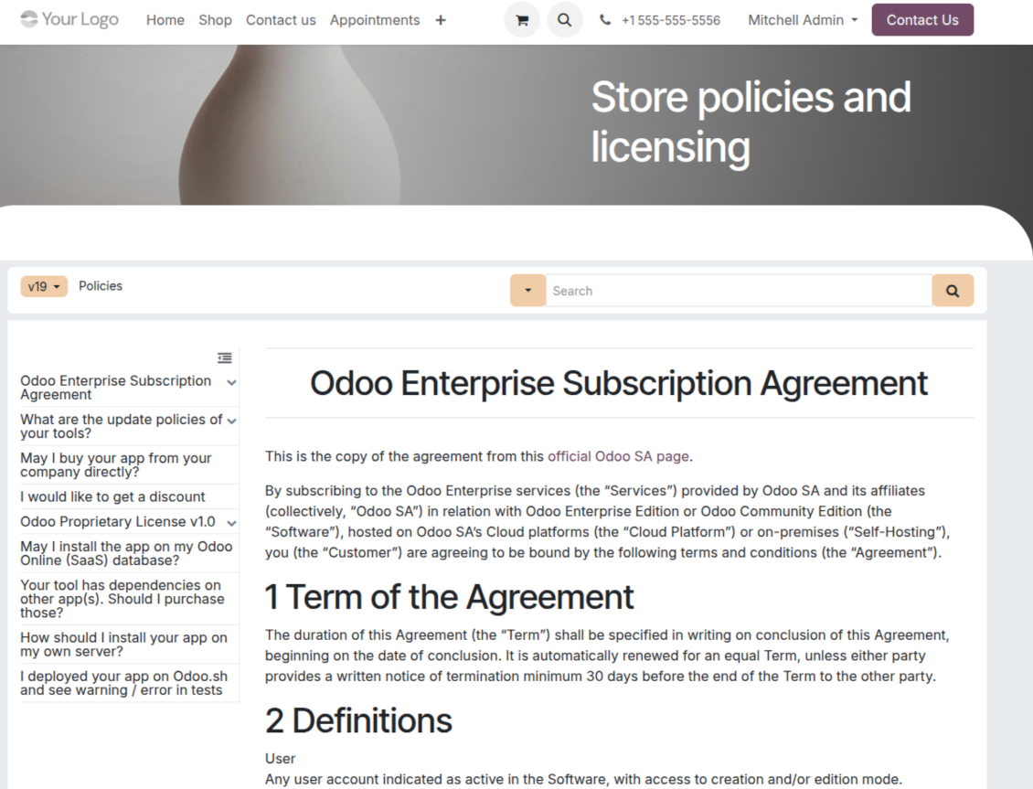Odoo Documentation Builder website page generated from reusable KnowSystem articles with structured documentation content