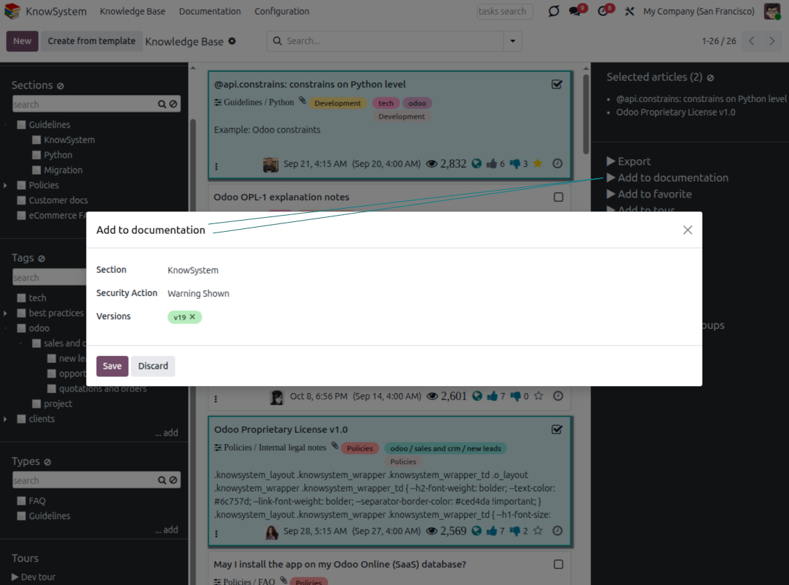 KnowSystem single-view interface adding selected articles to an Odoo documentation section in bulk