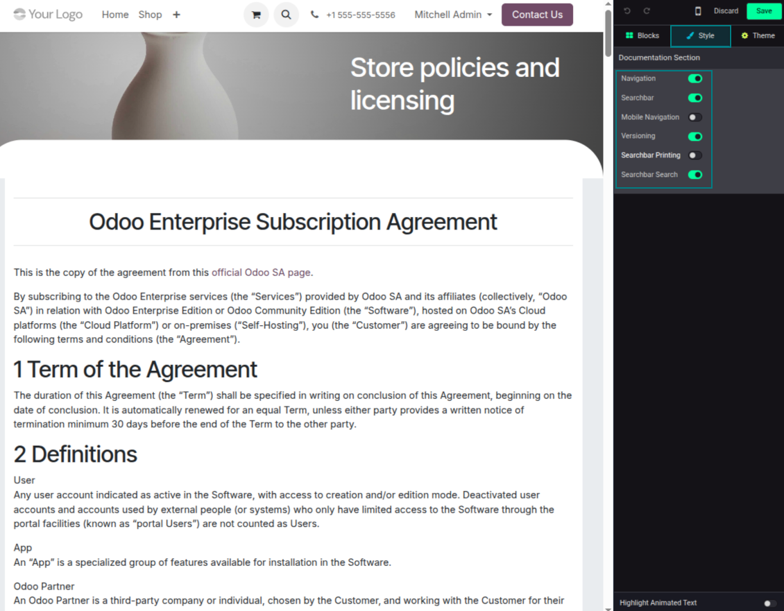 Odoo Documentation Builder options for search table of contents previews and website documentation display