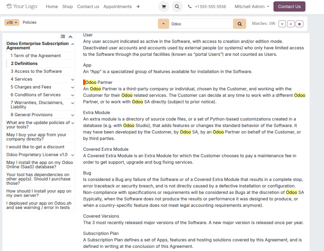 Odoo Documentation Builder search bar finding matches across generated documentation and included article content