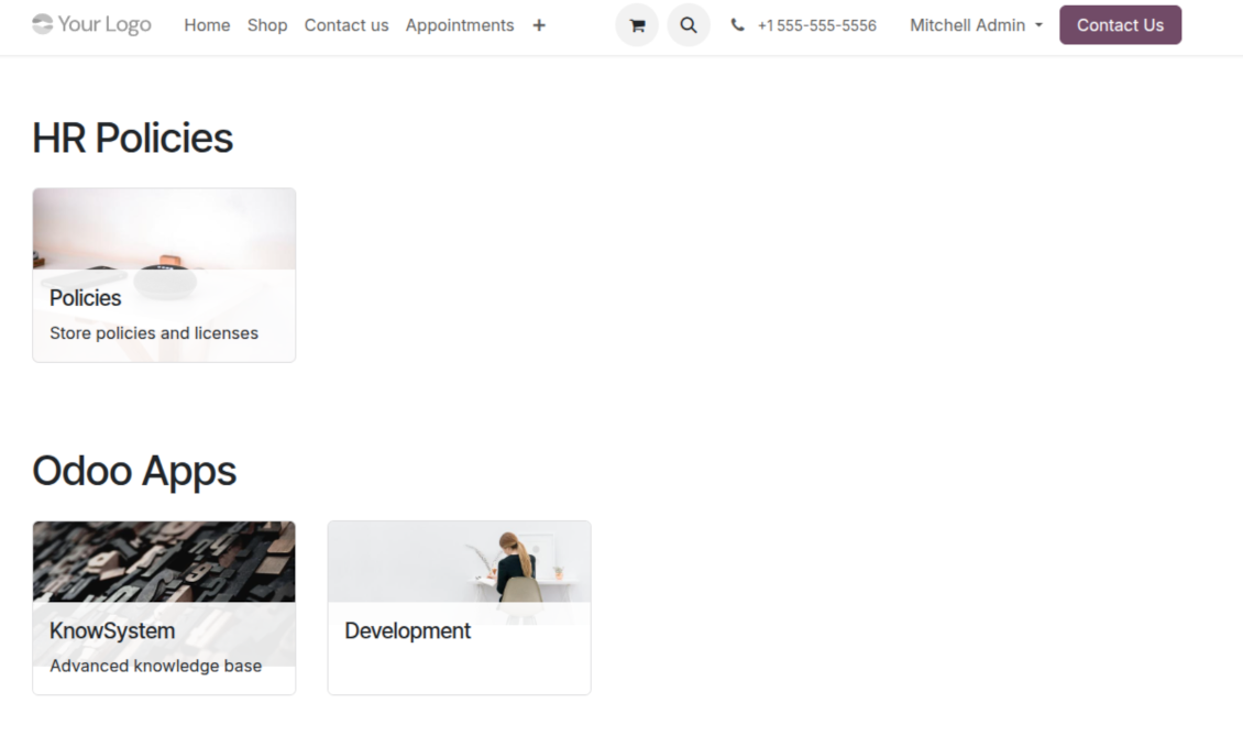 Odoo Documentation Builder overview page showing documentation categories and sections for website readers