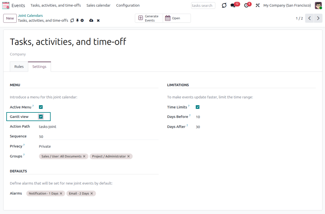 Joint Calendar Gantt extension showing mixed Odoo document events on an Enterprise Gantt planning view