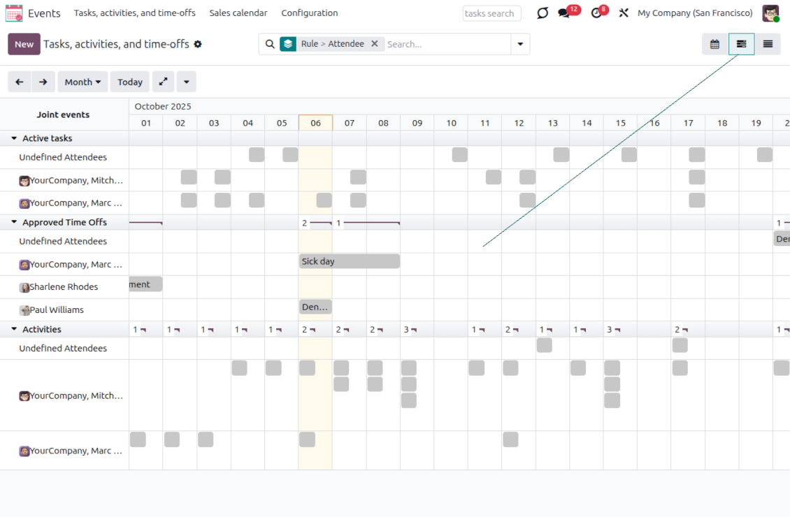 Joint Calendar settings showing the optional Gantt view enabled for an Odoo Enterprise shared calendar