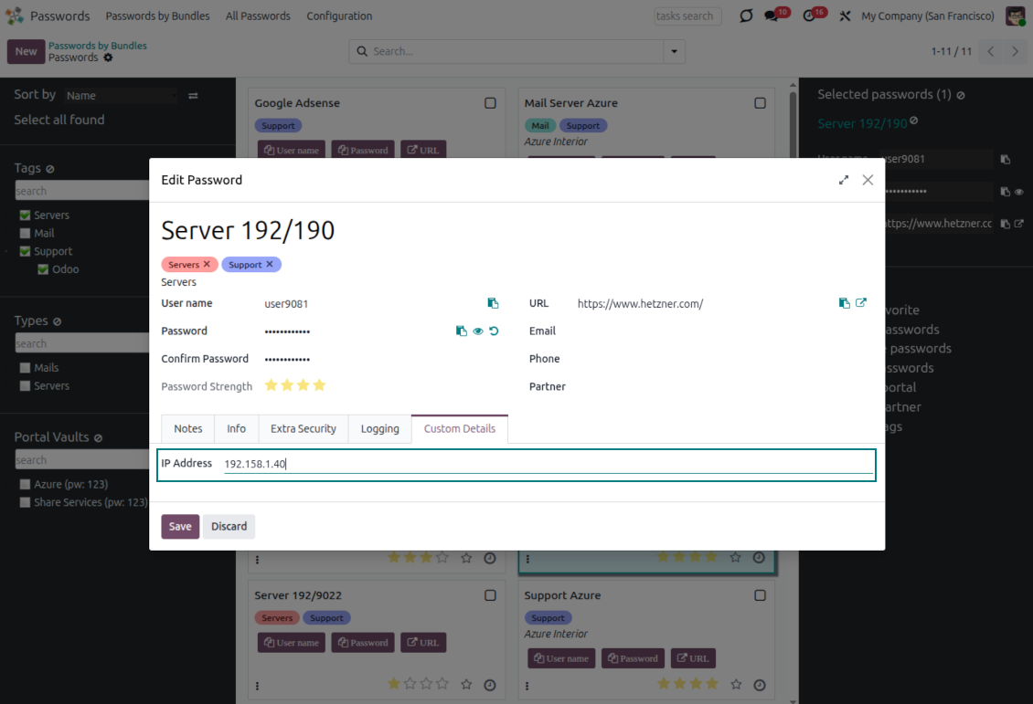 An Odoo password key showing its custom field attributes in the vault