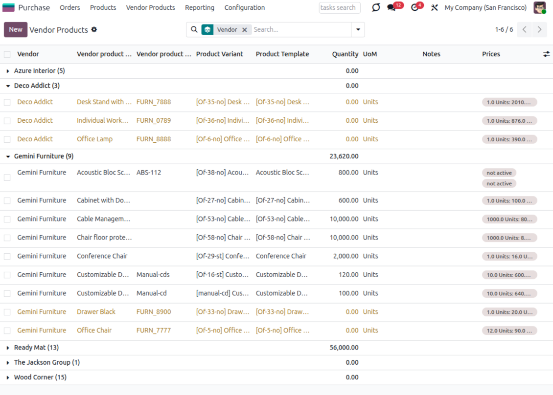Odoo list of vendor products, each with its supplier, vendor code, linked product, price and stock