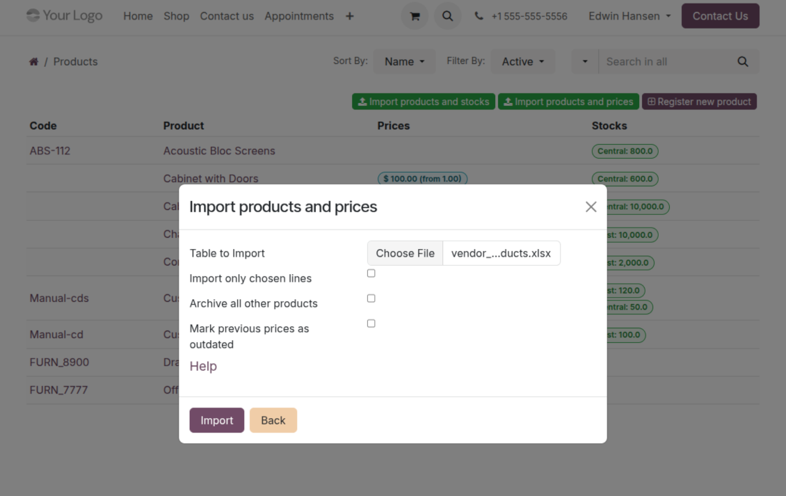 Importing vendor products and prices in the Odoo portal