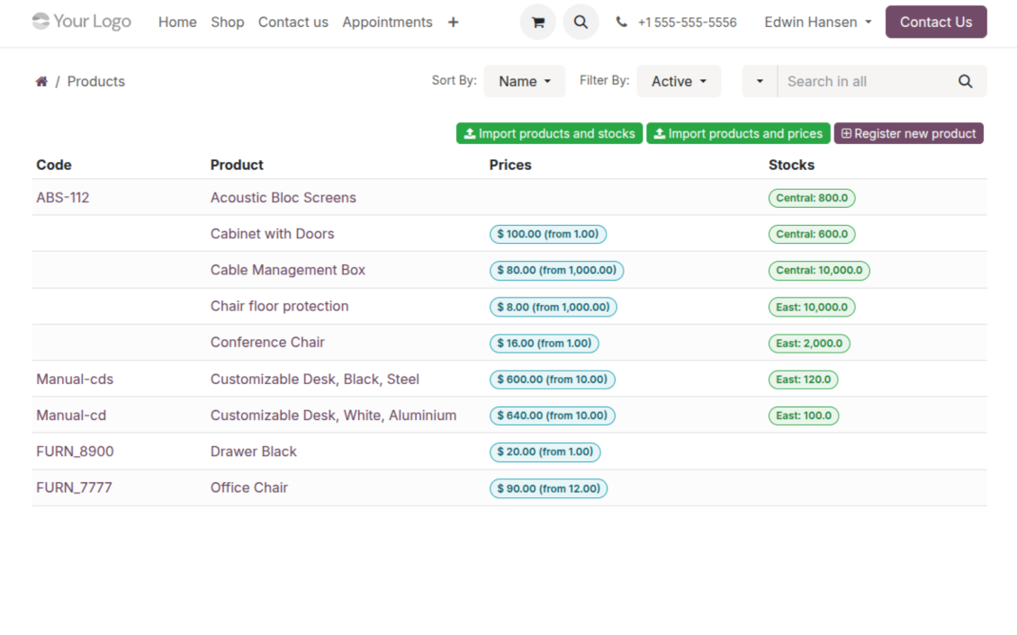 List of vendor products in the Odoo supplier portal