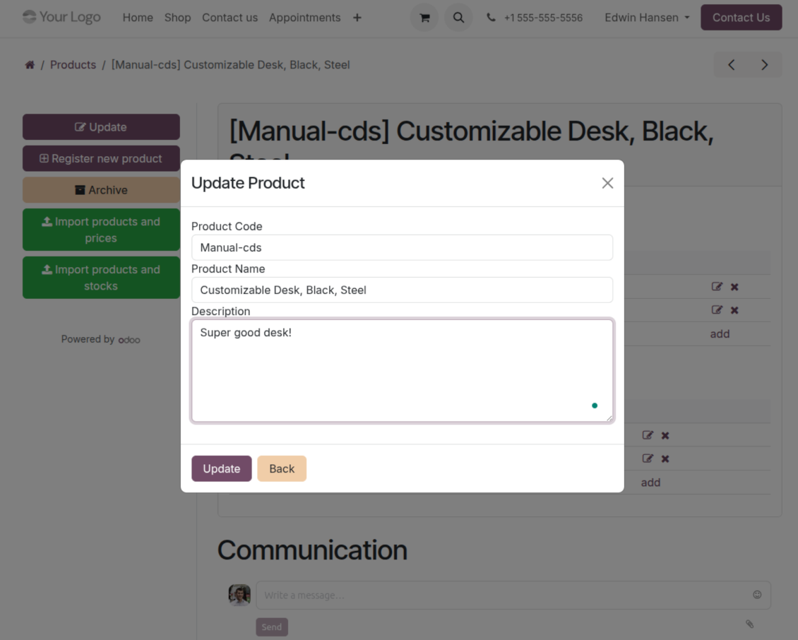 Vendor updating a product from the Odoo portal