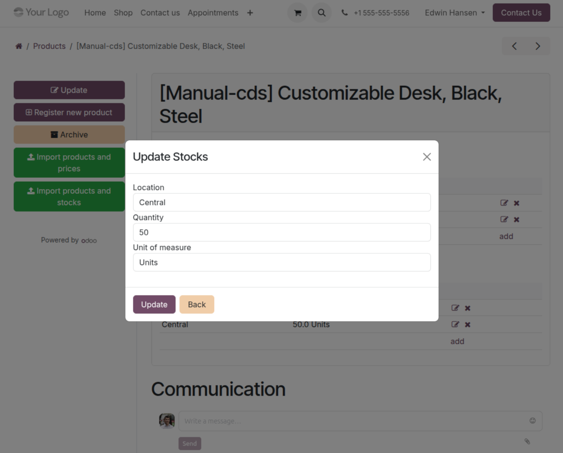 Vendor updating stock levels in the Odoo portal