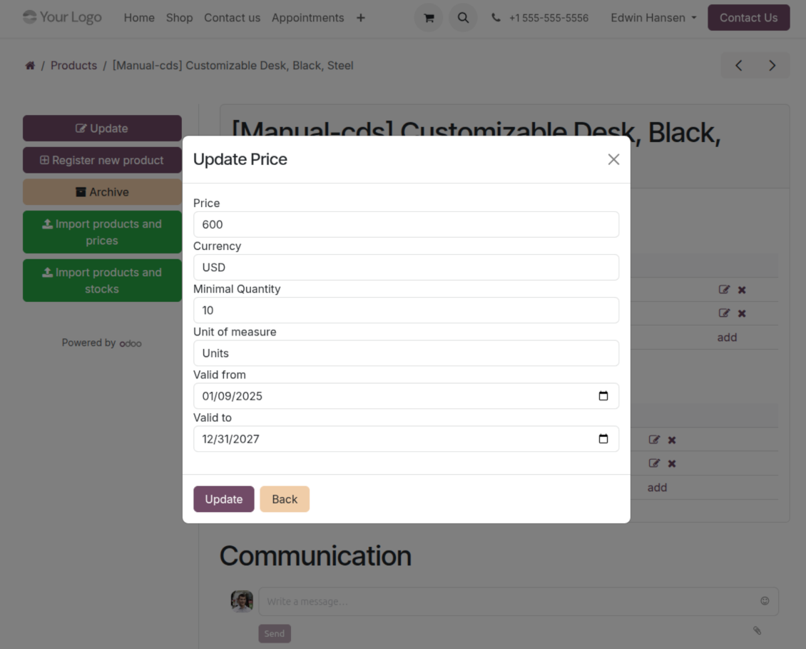 Supplier updating a price in the Odoo portal