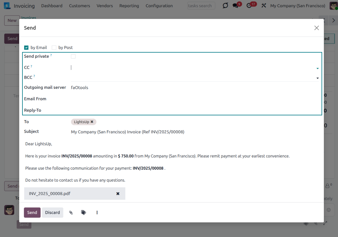 Invoice Send wizard with CC, BCC, Email From, and Reply-To from Odoo Messaging Suite