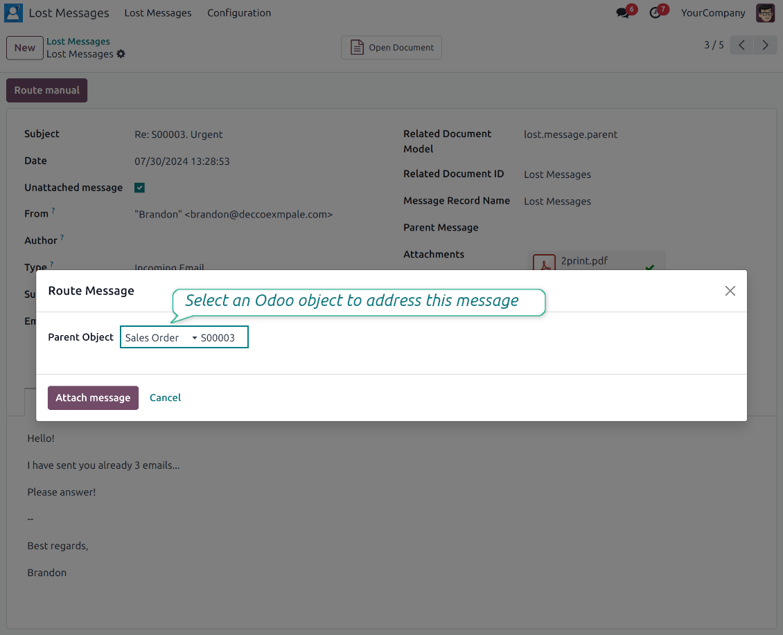 Odoo wizard to assign lost messages