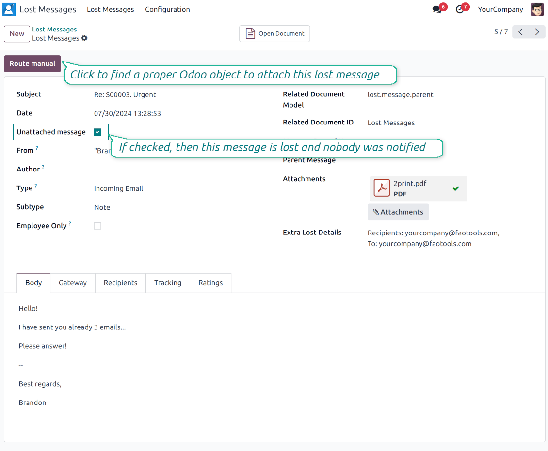 Open the Odoo wizard to address lost messages