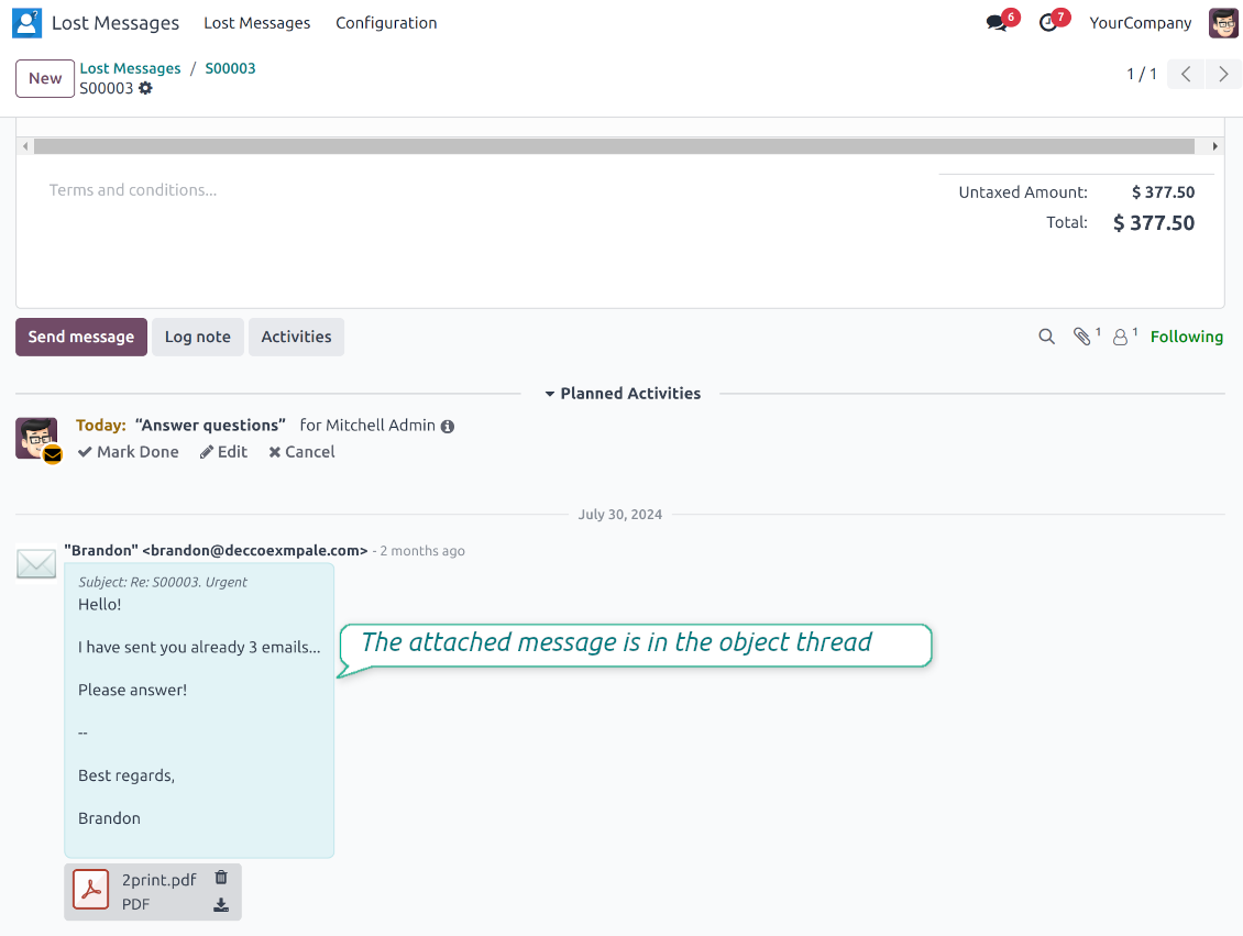 The Odoo object with lost messages