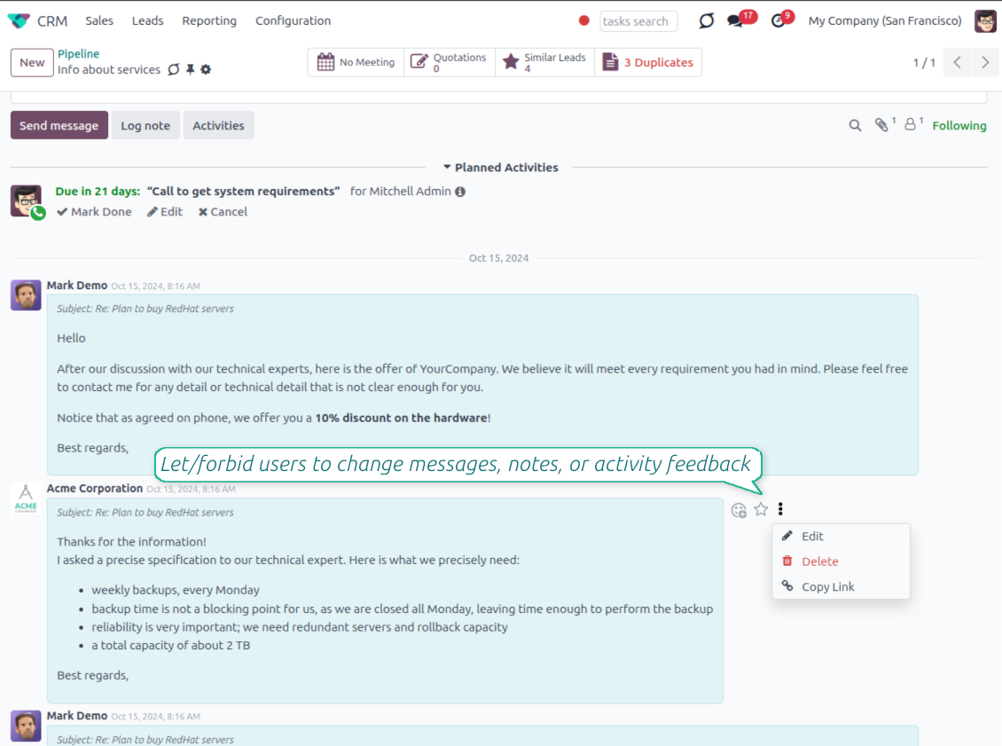 A context menu on an Odoo chatter message with added "Edit" and "Delete" options, allowing users to modify or remove their own messages, notes, and activity feedback