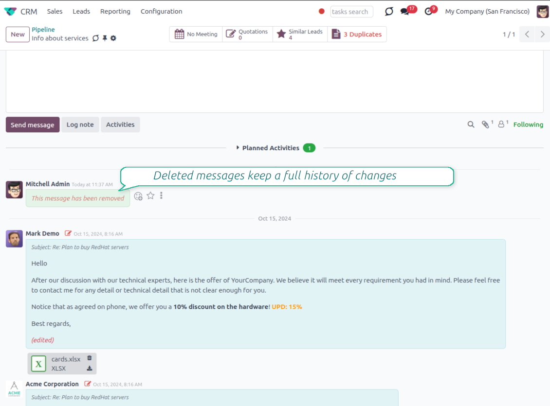 Odoo chatter displaying a distinct label with one-click history access, ensuring users know a message was deleted while keeping the deletion history trackable