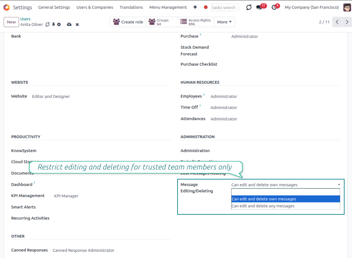The user configuration form in Odoo highlighting the Message Editing-Deleting dropdown menu, which restricts permissions to either no editing rights, editing own messages, or editing any messages