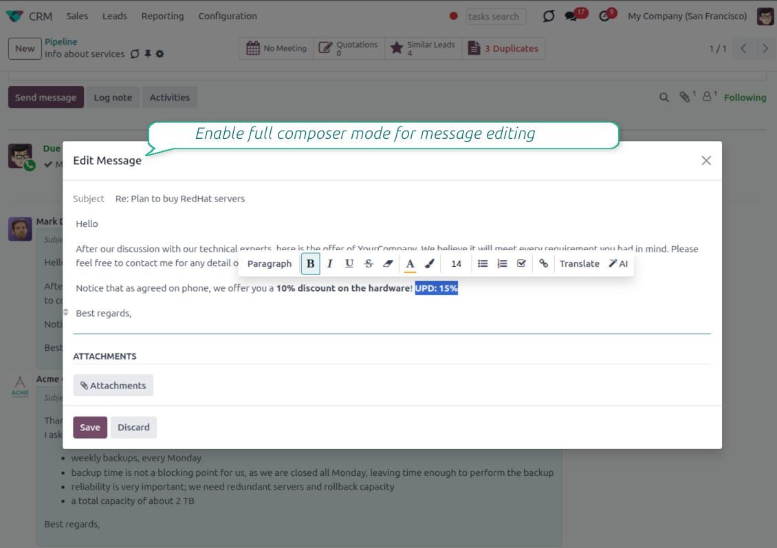 The Edit Message pop-up window in Odoo, showing the full composer mode activated by the message_editing module, which provides a complete HTML text editor with rich formatting tools and attachment management capabilities.