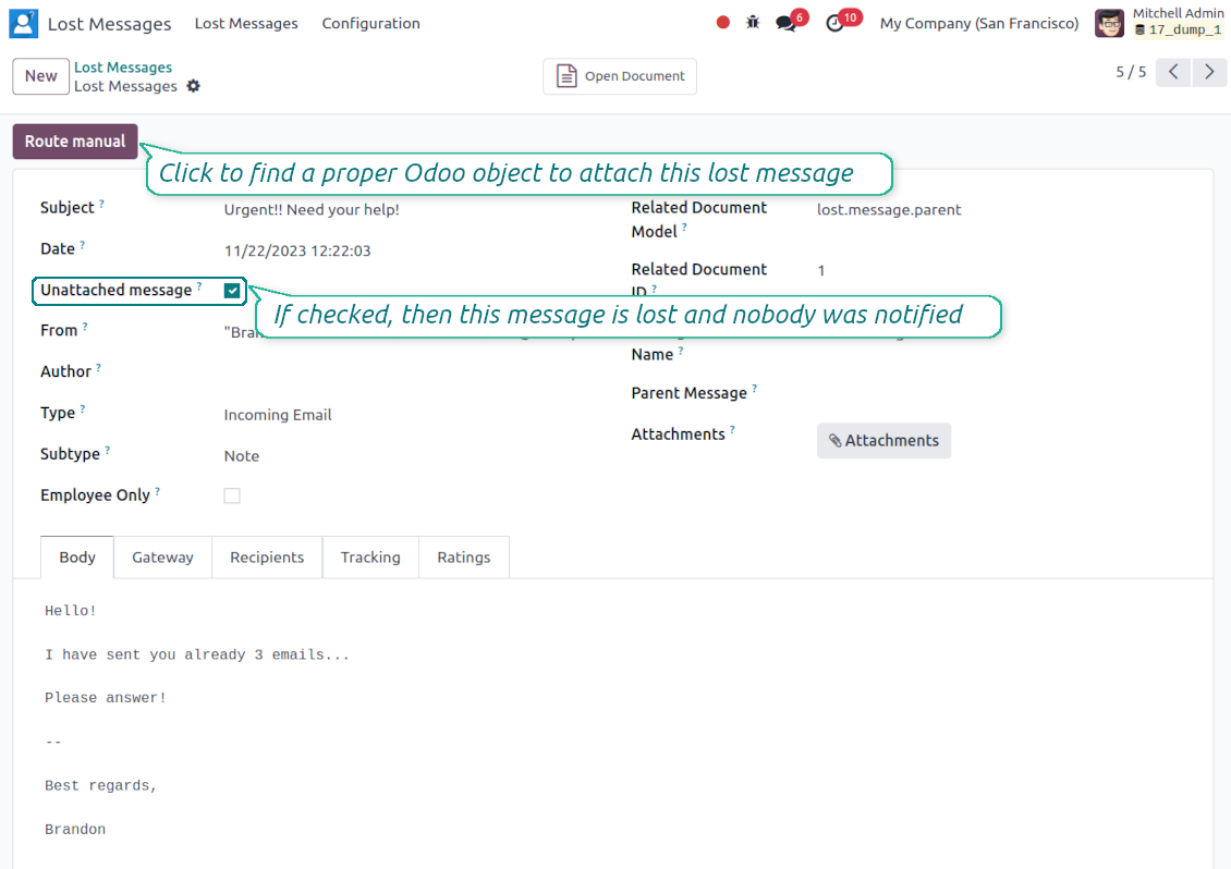 Odoo Lost Messages Routing shows the Route Manual action used to recover an unattached email