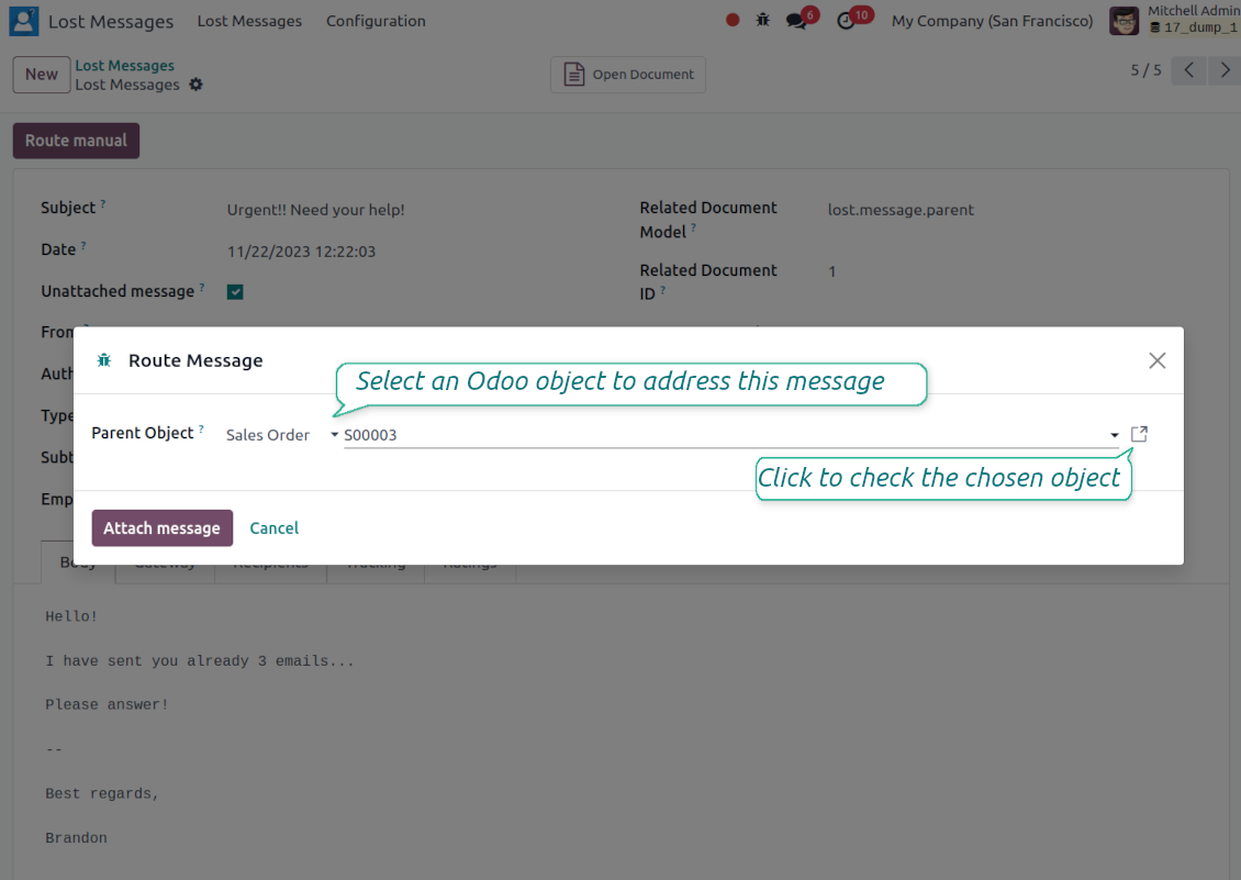 Route Manual wizard lets a manager choose the model and parent object for an unattached message