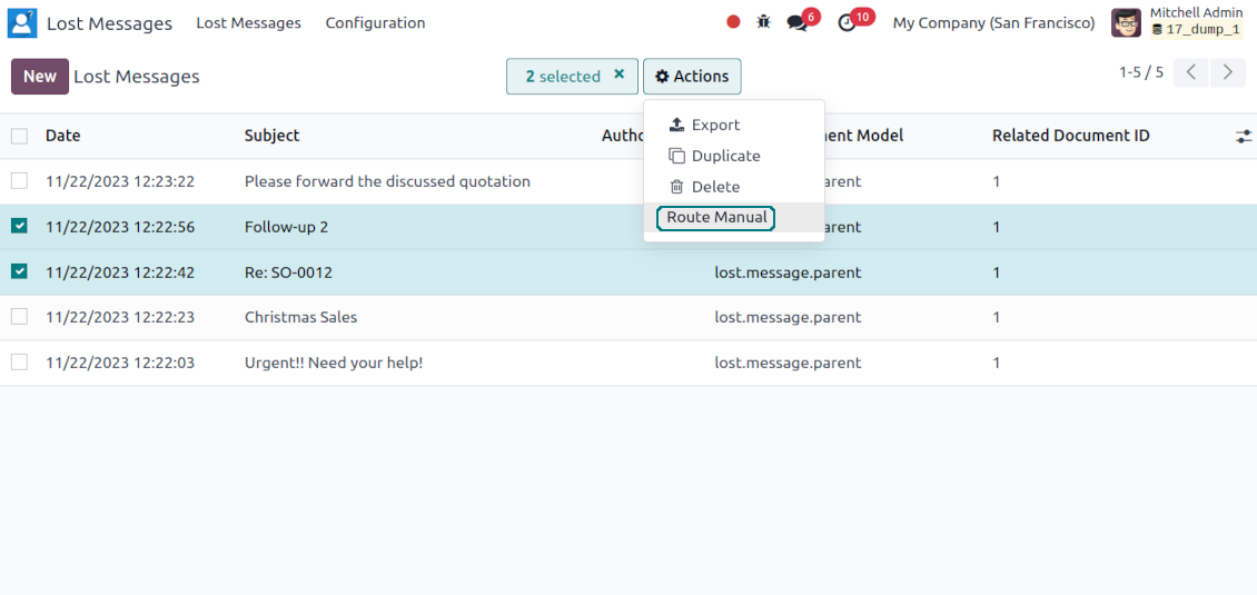 Lost Messages menu lists unattached emails and supports batch routing through the Odoo actions menu