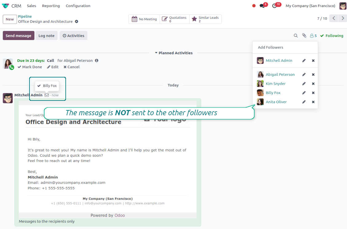 Odoo chatter interface demonstrating a sent message that is delivered exclusively to the chosen recipient and kept hidden from other document followers