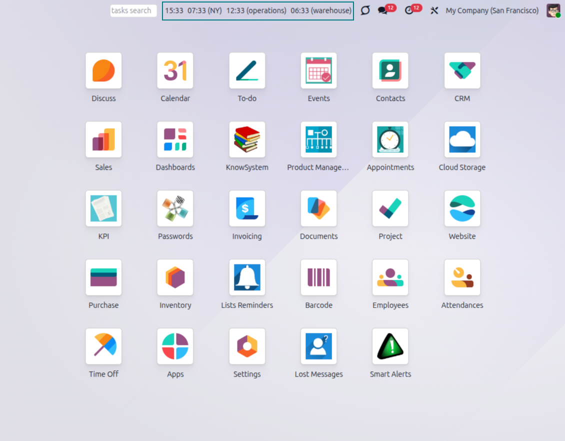 Timezone clocks shown in Odoo backend header