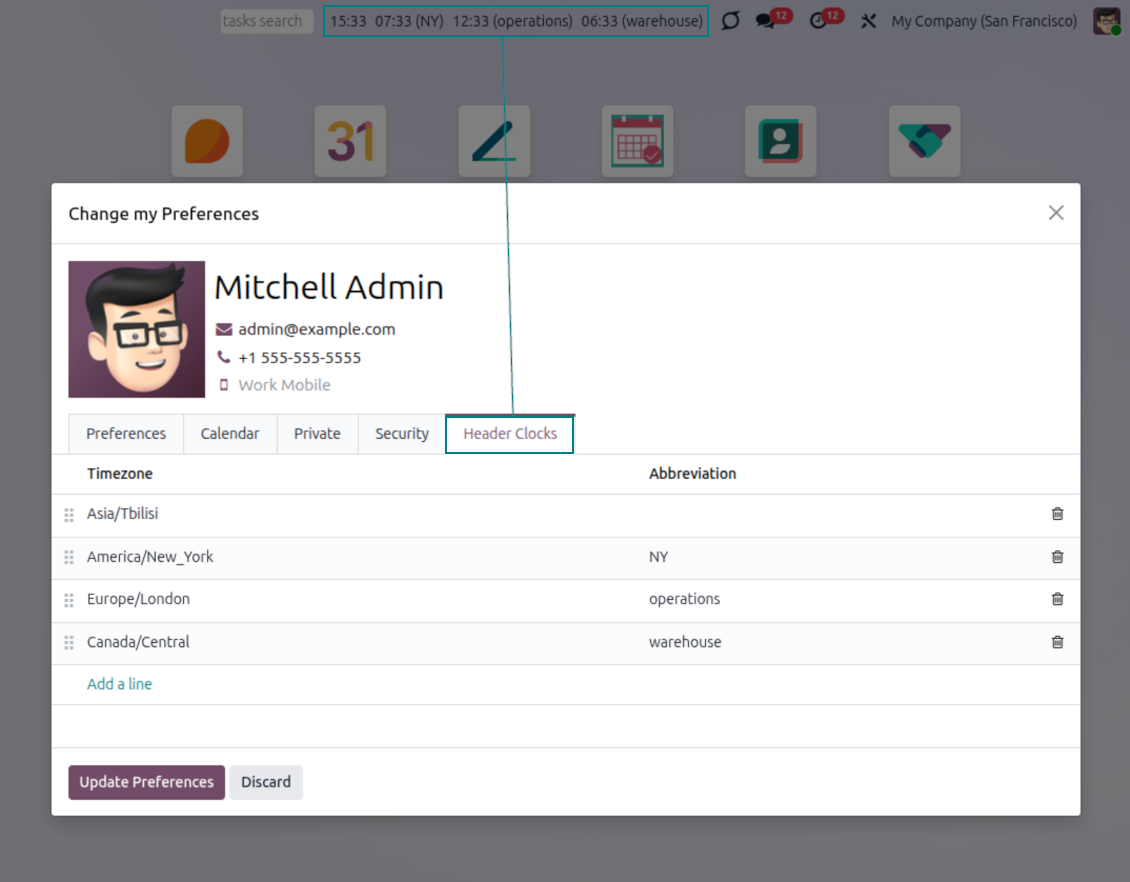 Odoo user preferences for header timezone clocks