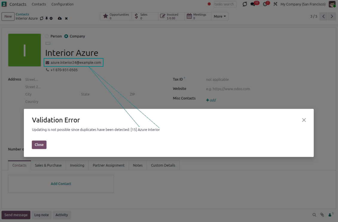 Odoo blocks contact save on rigid duplicate