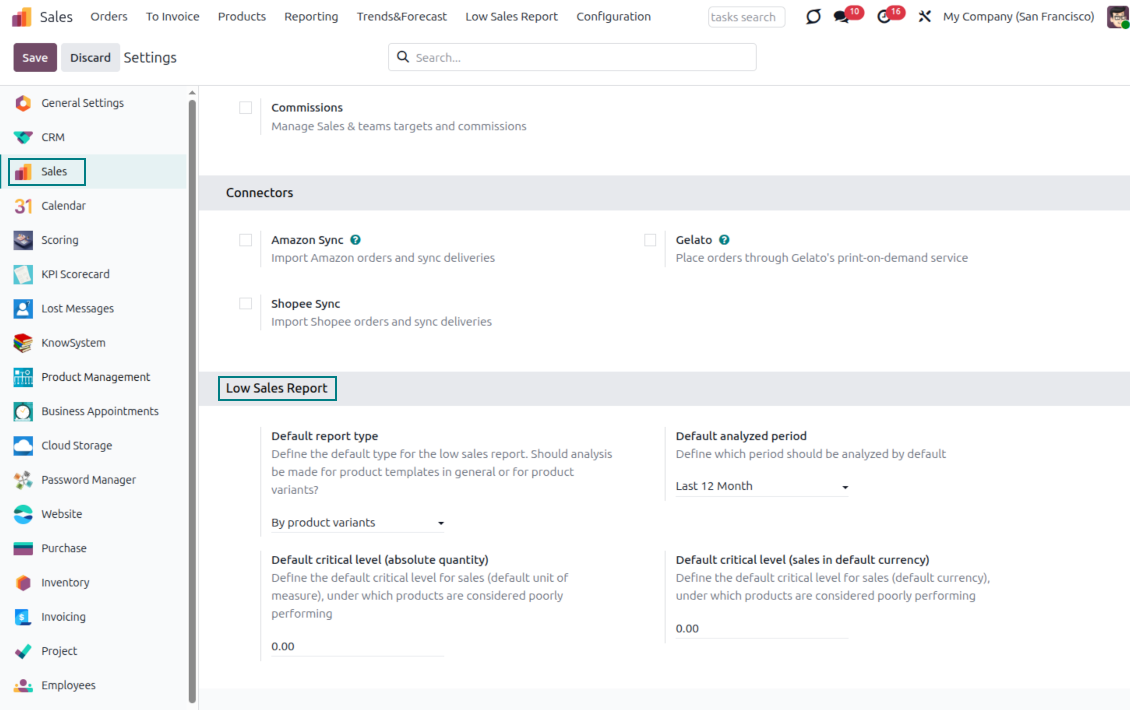 Default values to generate an Odoo sales report