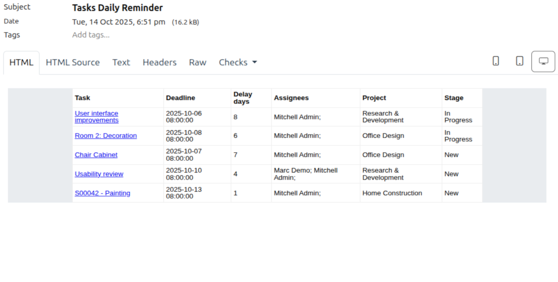 Odoo Tasks Daily Reminder email listing due and overdue project tasks