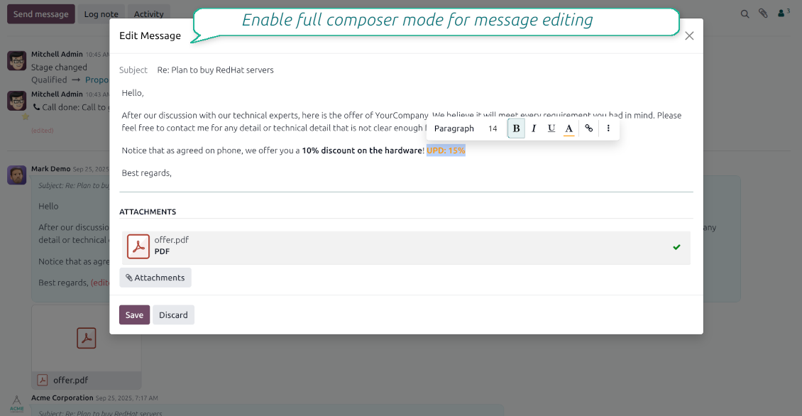 Odoo full composer pop-up for editing message body subject and attachments