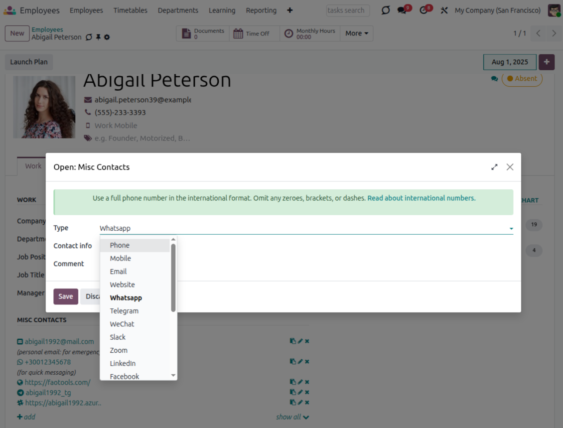Employee contact type options for phone email and social