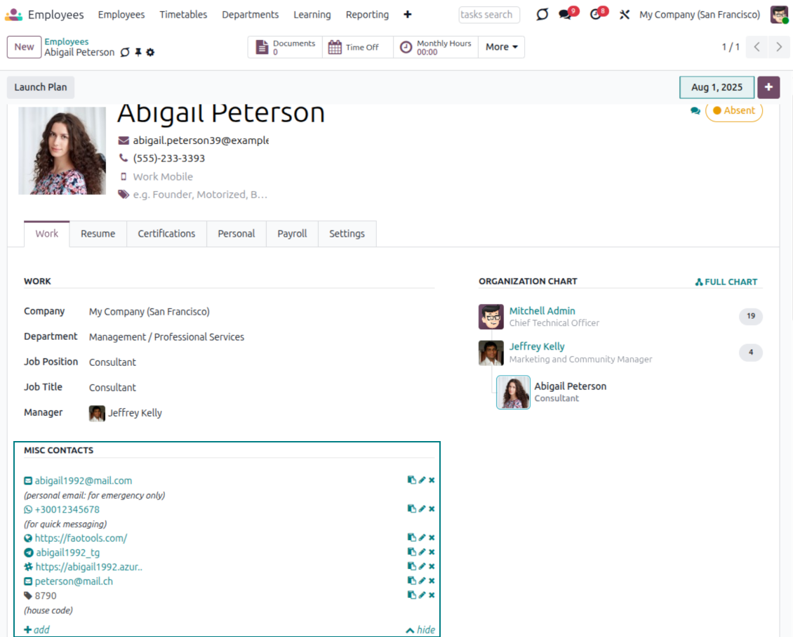 Employee form with structured extra contact details