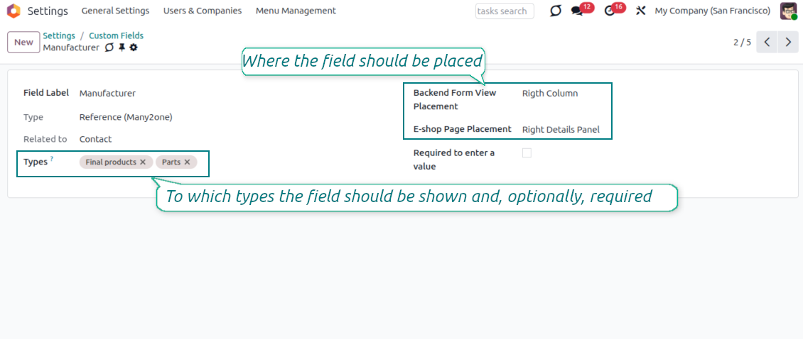 Odoo product custom fields limited by complementary product types