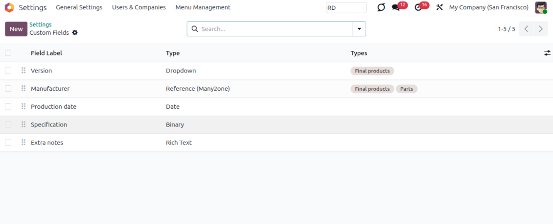 Odoo list of product custom fields