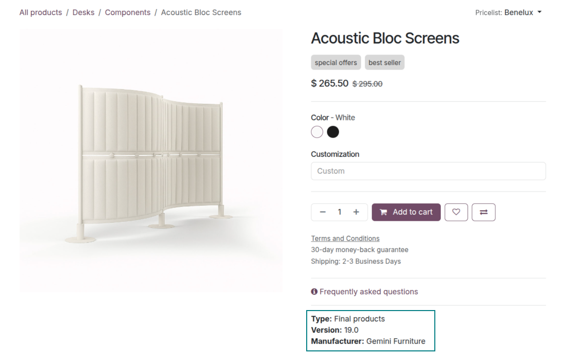 Product custom fields shown on the Odoo website shop page