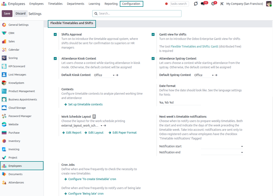 Employee shifts: Odoo settings