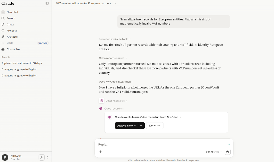 يمسح Claude AI سجلات شركاء Odoo لتحديد أرقام ضريبة القيمة المضافة الأوروبية والتحقق منها، مع تعليم القيود الناقصة أو غير الصحيحة.