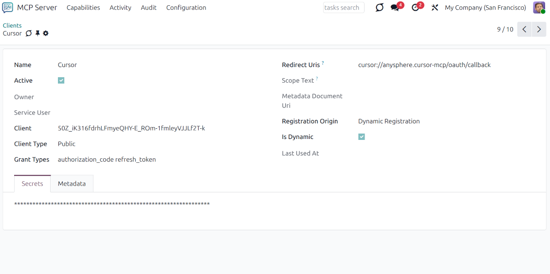 صفحة إعداد عملاء الذكاء الاصطناعي مثل Cursor أو Claude وتعرض Redirect URIs وأنواع المنح وإعدادات التسجيل الديناميكي للوصول الآمن إلى Odoo.