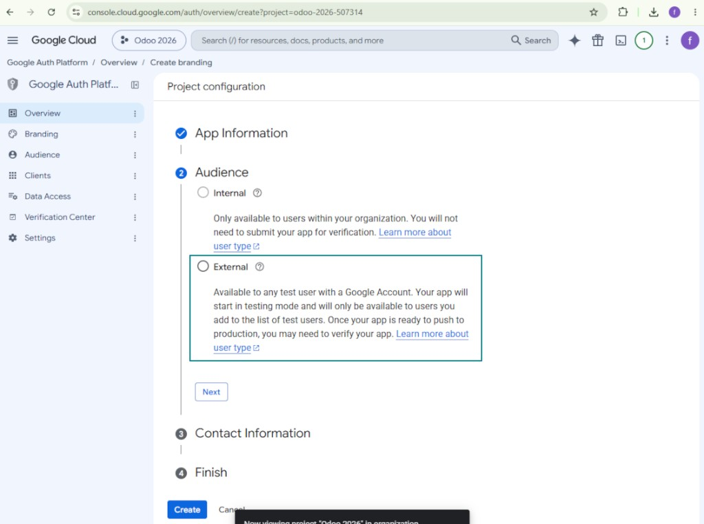 Choosing the External audience for the Google app