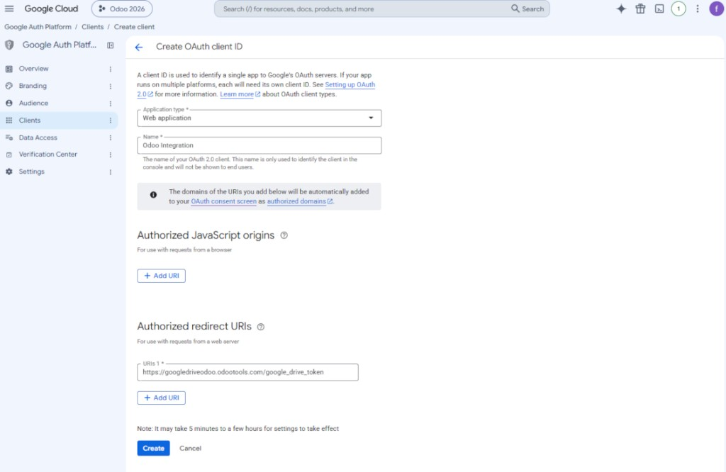 Entering the OAuth client type, name, and redirect URI