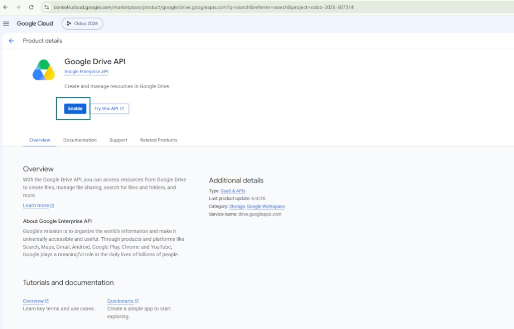 Enabling the Google Drive API for the project
