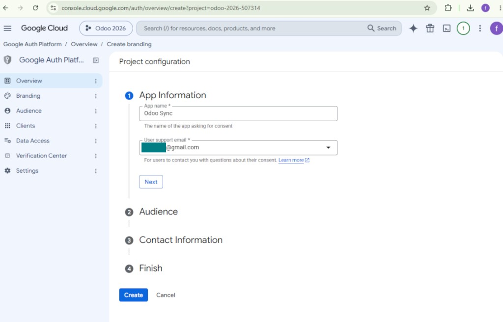 Entering the Google app name and support email